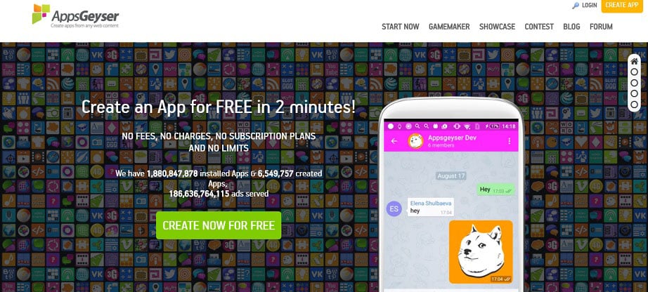 create an app for free with AppsGeyser